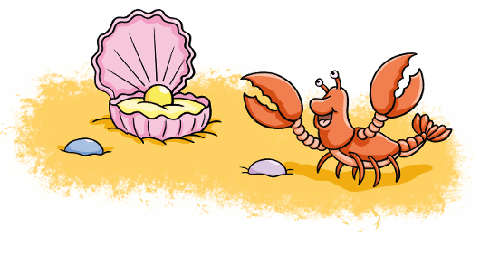 Malbuch für Kinder und Erwachsene Muschel mit Perle und Hummer auf Sand